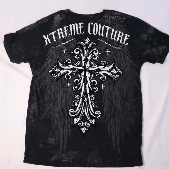 Xtreme Couture T Shirt Mens XL Black Graphic Print Cross Fleur Burnout - Picture 2 of 9